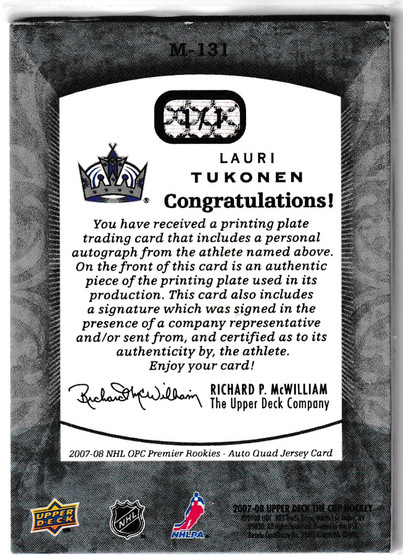  2007-08 The Cup Printing Plates OPC Premier Magenta #131 Lauri Tukonen JSY AU 1/1
