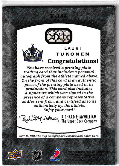  2007-08 The Cup Printing Plates Black #144 Lauri Tukonen AU 1/1