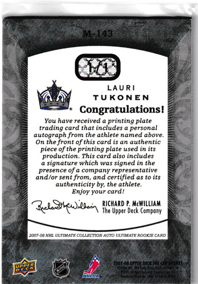  2007-08 The Cup Printing Plates Ultimate Collection Magenta #143 Lauri Tukonen AU 1/1