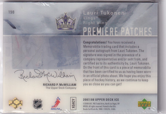  2007-08 Upper Deck Ice Premieres Autographed Patches #198 Lauri Tukonen /10