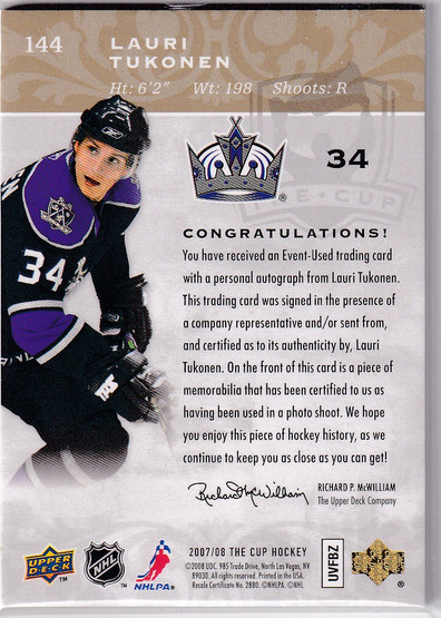  2007-08 The Cup Gold Rainbow Autographed Rookie Patches #144 Lauri Tukonen/28