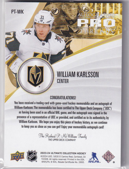  2023-24 Ultimate Collection Pro Threads Patch Autographs #PTWK William Karlsson/99