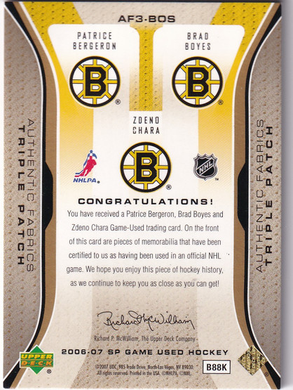2006-07 SP Game Used Authentic Fabrics Triple Patches #AF3BOS Brad Boyes/Zdeno Chara/Patrice Bergeron /10