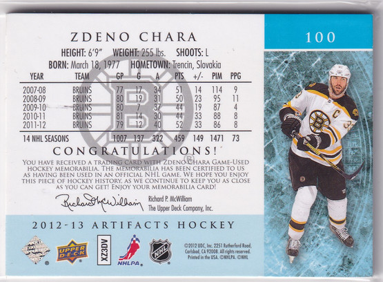  2012-13 Artifacts Horizontal Jerseys Patches Emerald #100 Zdeno Chara /24