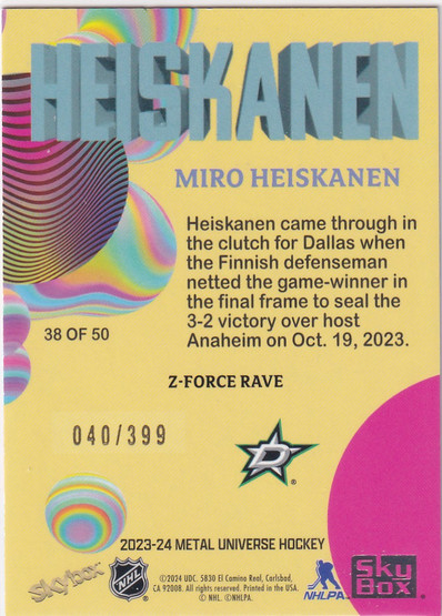  2023-24 Metal Universe Z-Force Rave #38OF50 Miro Heiskanen /399