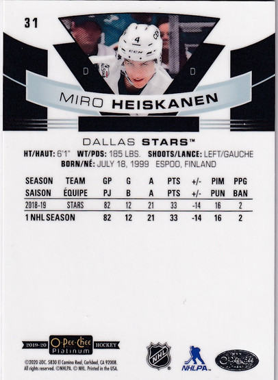  2019-20 O-Pee-Chee Platinum Rainbow #31 Miro Heiskanen