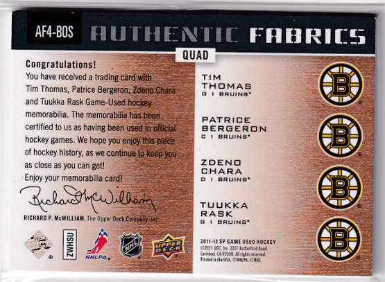 2011-12 SP Game Used Authentic Fabrics Quads #AF4BOS Tim Thomas/Patrice Bergeron/Zdeno Chara/Tuukka Rask /8