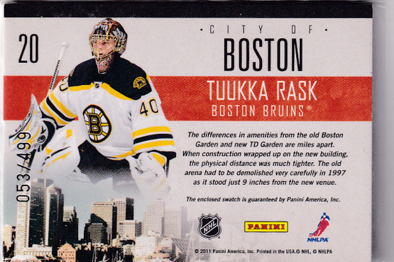  2010-11 Pinnacle City Lights Materials #20 Tuukka Rask /499
