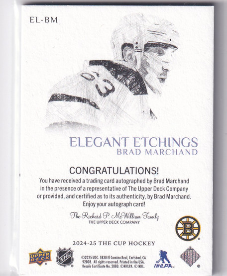  2024-25 The Cup Elegant Etchings Autographs #ELBM Brad Marchand SP