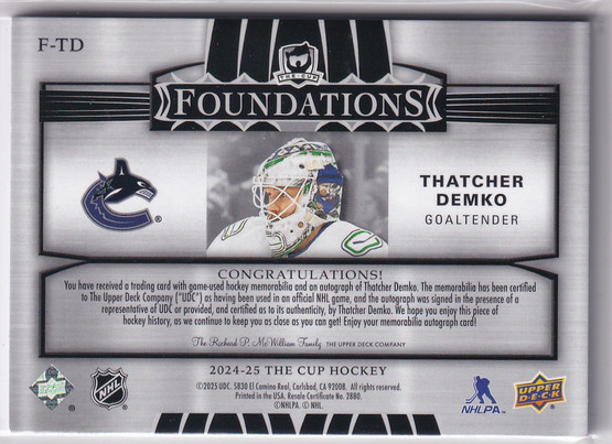  2024-25 The Cup Foundations Jersey Autographs #FTD Thatcher Demko /15