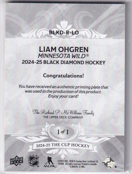  2024-25 The Cup Printing Plates Black Diamond Magenta Liam Ohgren RC 1/1