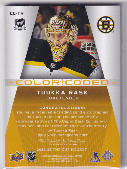  2024-25 The Cup Color Coded Autographs #CCTR Tuukka Rask /35