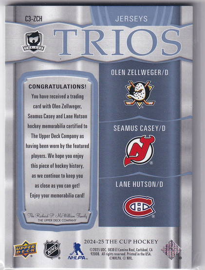  2024-25 The Cup Cup Trios Jerseys #C3ZCH Olen Zellweger/Seamus Casey/Lane Hutson RC /49