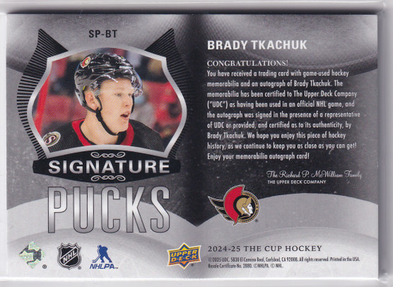  2024-25 The Cup Signature Pucks #SPBT Brady Tkachuk /25