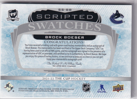  2021-22 The Cup Scripted Swatches #SSBB Brock Boeser /35