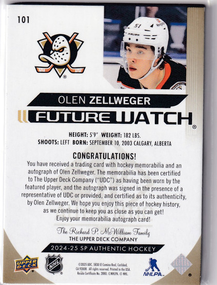  2024-25 SP Authentic Limited Patch Autographs Horizontal #101 Olen Zellweger FW/50