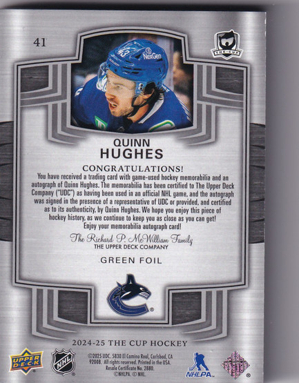  2024-25 The Cup Green #41 Quinn Hughes BTN AU /3