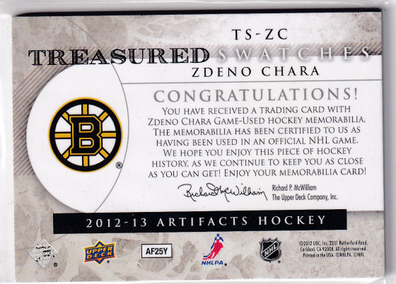  2012-13 Artifacts Treasured Swatches Jerseys Patches Emerald #TSZC Zdeno Chara /36