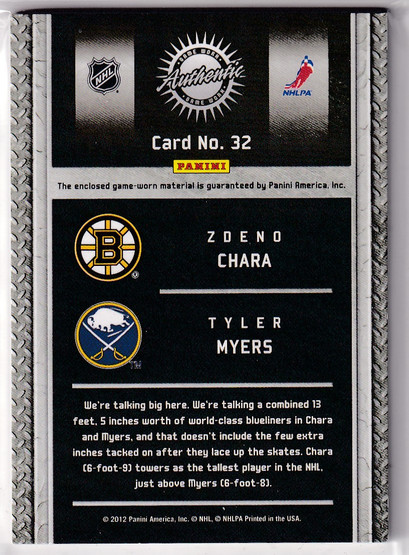  2011-12 Panini Titanium Game Worn Gear Dual Memorabilia Prime #32 Zdeno Chara/Tyler Myers/50