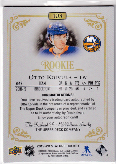  2019-20 Upper Deck Stature Autographs Green #103 Otto Koivula/85