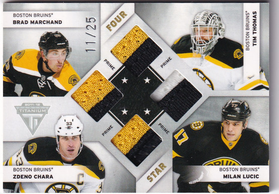 2011-12 Panini Titanium Four Star Memorabilia Prime #7 Brad Marchand/Tim Thomas/Zdeno Chara/Milan Lucic /25