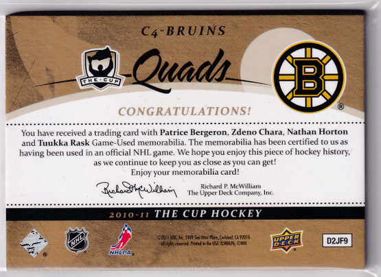  2010-11 The Cup Quads Patches #C4BRUINS Patrice Bergeron/Zdeno Chara/Nathan Horton/Tuukka Rask /5