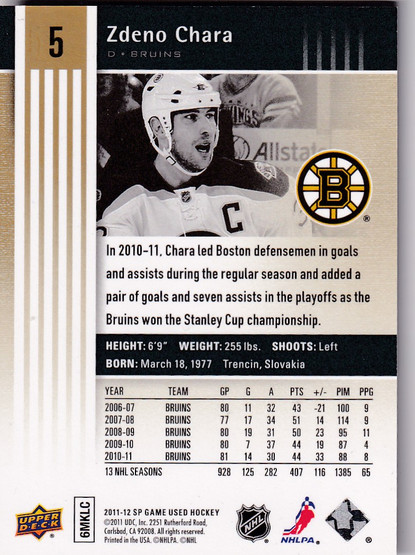  2011-12 SP Game Used Gold Spectrum #5 Zdeno Chara 1/1
