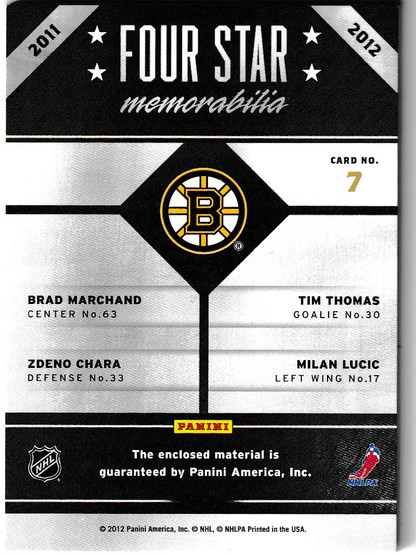 2011-12 Panini Titanium Four Star Memorabilia Prime #7 Brad Marchand/Tim Thomas/Zdeno Chara/Milan Lucic /25