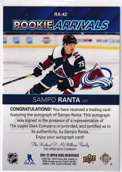  2021-22 Upper Deck Credentials Rookie Arrivals Autographs #RA42 Sampo Ranta E