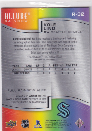  2021-22 Upper Deck Allure Full Rainbow Autographs #R32 Kole Lind G