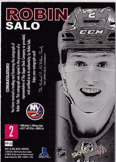  2021-22 Metal Universe Skybox Premium Prospects '98-99 Retro Autographs #PP33 Robin Salo E