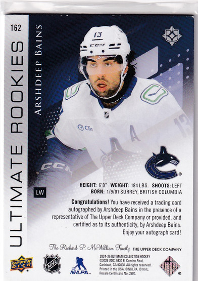 2024-25 Ultimate Collection #162 Arshdeep Bains AU/299 RC
