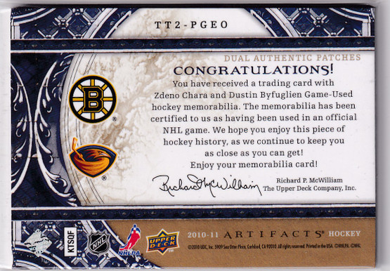 2010-11 Artifacts Tundra Tandems Patches Gold #TT2PGEO Zdeno Chara/Dustin Byfuglien /15