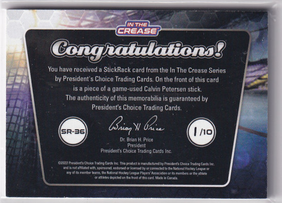 2022 President's Choice In The Crease Stick Rack Calvin Petersen /10