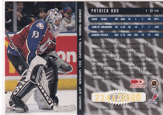  1997-98 Donruss Between the Pipes #1 Patrick Roy /3500