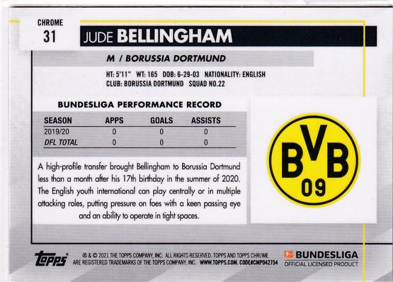 2020-21 Topps Chrome Bundesliga Jude Bellingham RC 