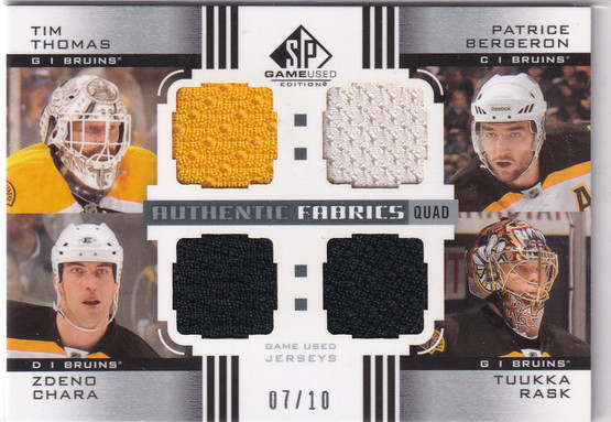 2011-12 SP Game Used Authentic Fabrics Quads #AF4BOS Tim Thomas/Patrice Bergeron/Zdeno Chara/Tuukka Rask /10