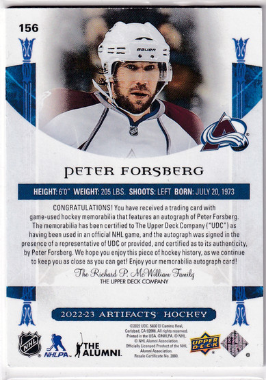  2022-23 Artifacts Material Autographs Gold #156 Peter Forsberg/25
