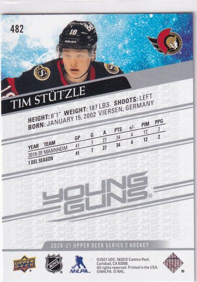  2020-21 Upper Deck #482 Tim Stutzle YG RC