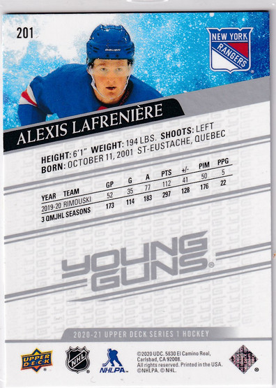 2020-21 Upper Deck #201 Alexis Lafreniere YG RC