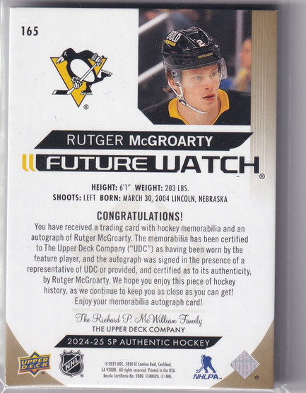  2024-25 SP Authentic Limited Patch Autographs #165 Rutger McGroarty FW/100