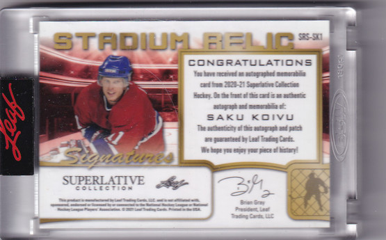  2020-21 Leaf Superlative Stadium Relic Signatures Emerald #SRSSK1 Saku Koivu /5