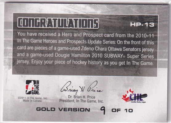  2010-11 ITG Heroes and Prospects Hero and Prospect Jerseys Gold #HP13 Dougie Hamilton/Zdeno Chara /10