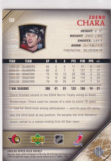  2005-06 Upper Deck High Gloss Parallel #136 Zdeno Chara /10