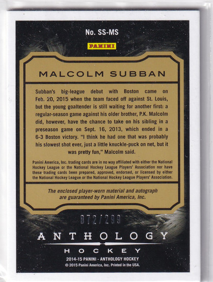  2015-16 Panini Anthology Sizeable Jersey Signatures #4 Malcolm Subban/299