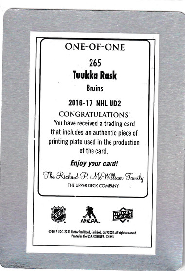  2016-17 Upper Deck Printing Plates Black #265 Tuukka Rask 1/1