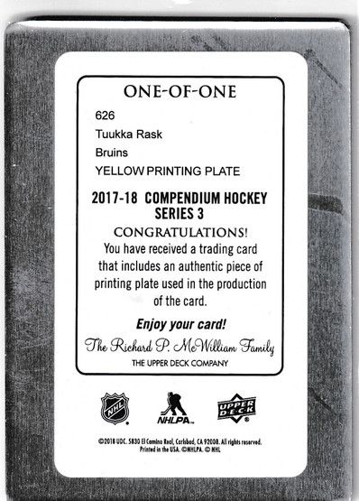  2017-18 Upper Deck Compendium Printing Plate Black #626 Tuukka Rask 1/1