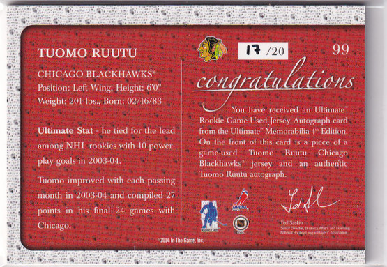  2003-04 BAP Ultimate Memorabilia Autographed Jerseys #99 Tuomo Ruutu RC /20