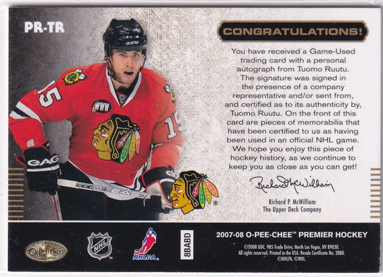  2007-08 OPC Premier Remnants Quads Autographs #PRTR Tuomo Ruutu /10