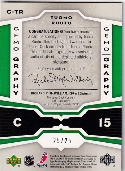  2005-06 Black Diamond Gemography Emerald #GTR Tuomo Ruutu /25